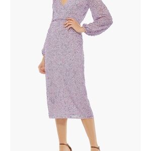 NWT Mac Duggal Sequin V Neck Cocktail Dress with Puff-Shoulder Sleeves - SZ 14